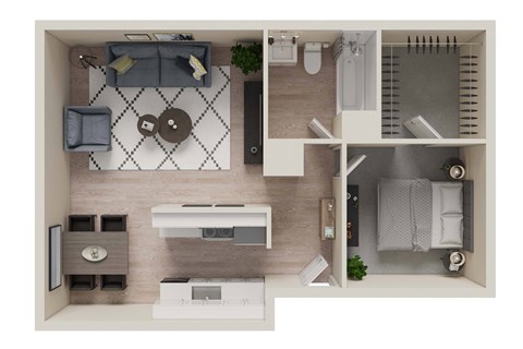Floor plan for 1 bed, 1 bath, 584 sqft